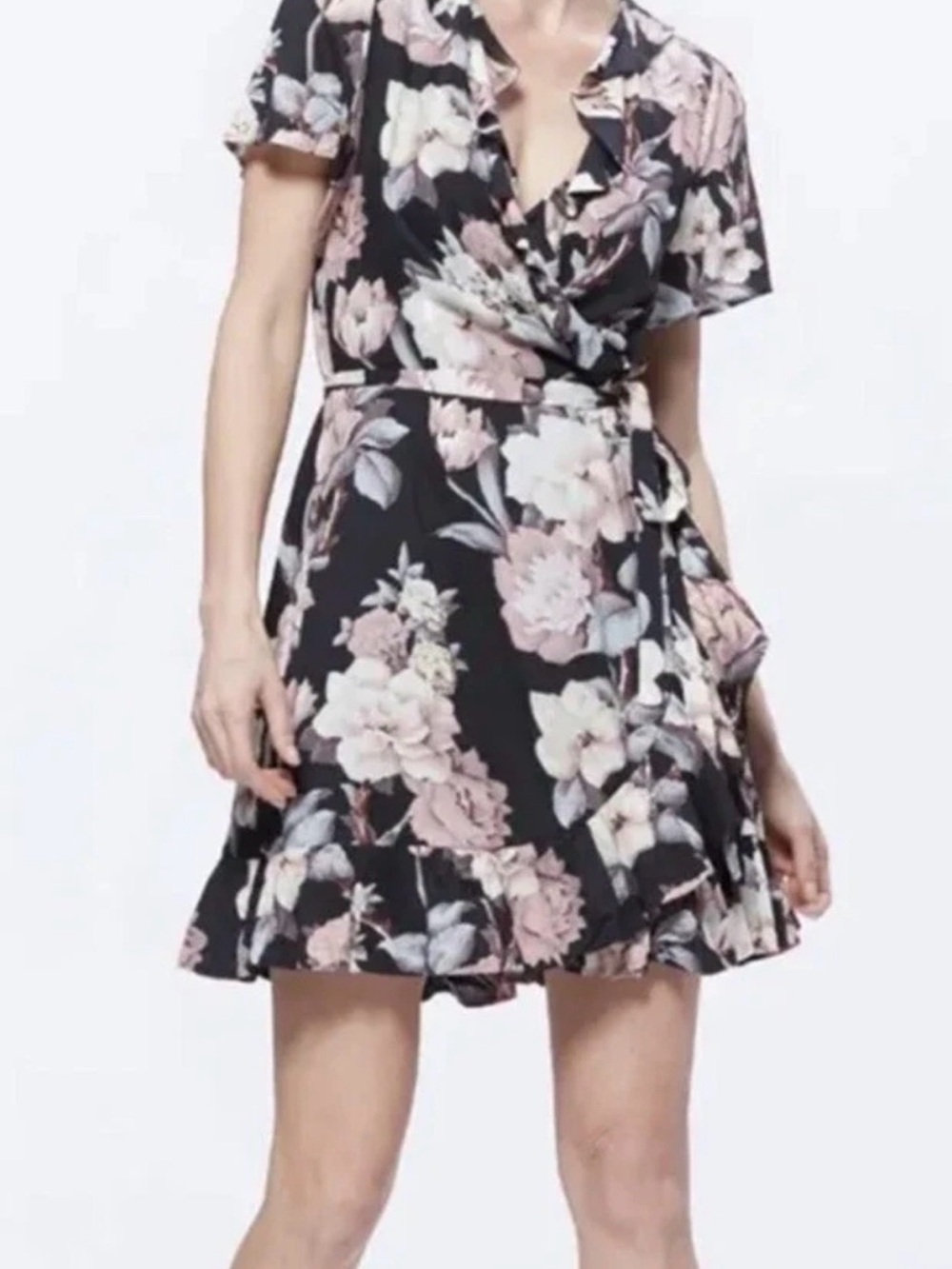 PAIGE Cardamom Floral Wrap Dress Black Evening Sand Ruffle Short Sleeve XS
